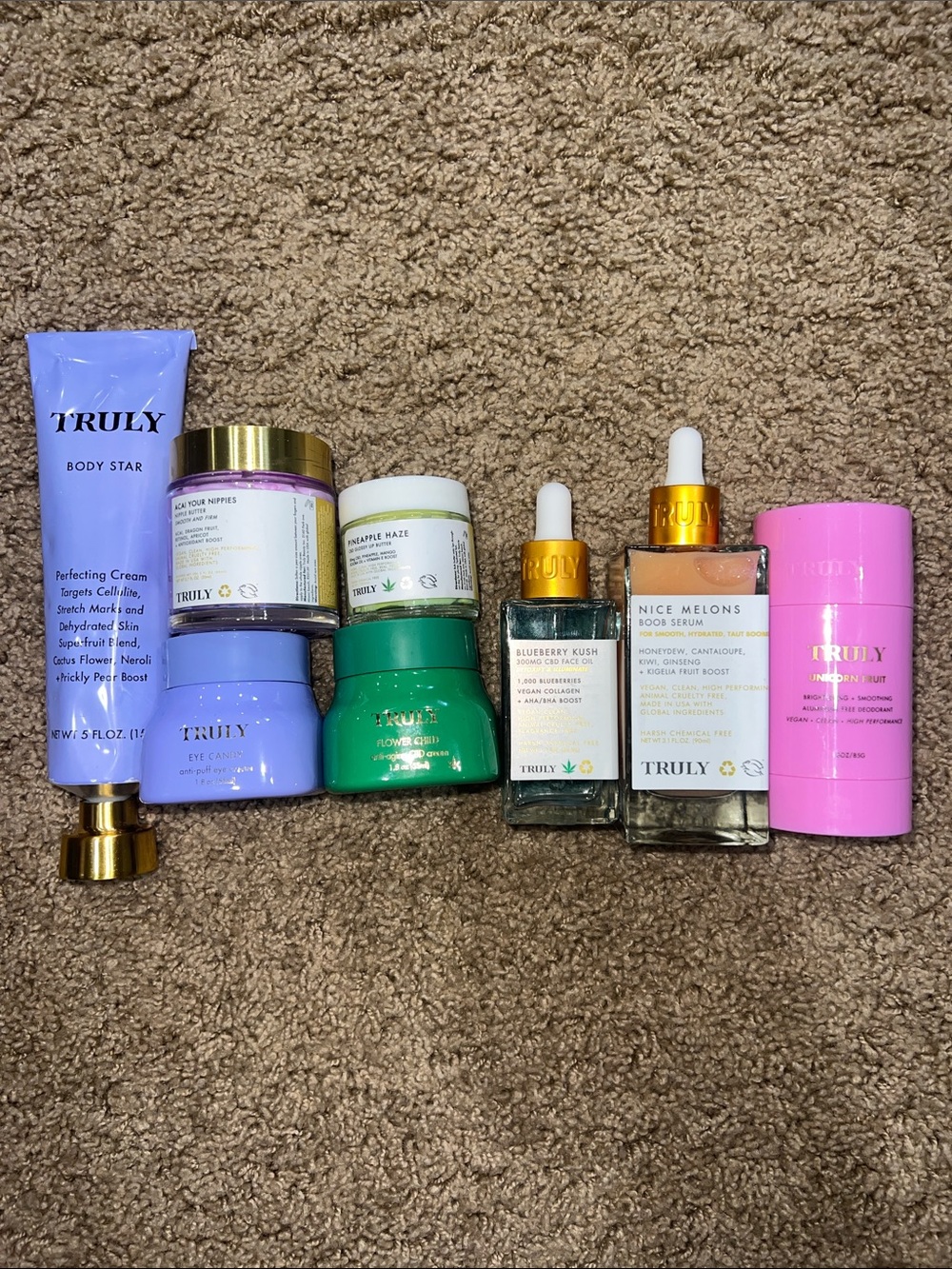 TRULY Skincare Set - Lavender, Green, Pink, Gold & Clear Bottles